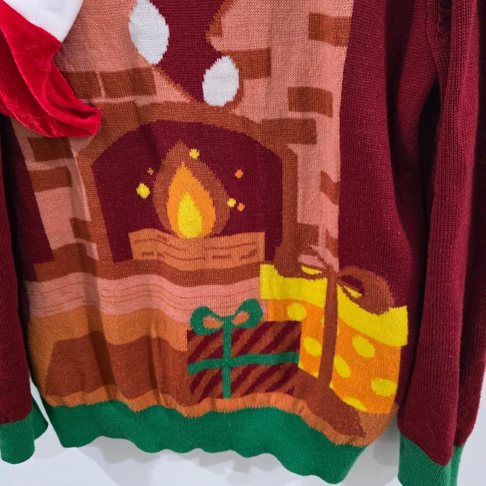 H&M Mens Ugly Christmas Sweater Size Large Red Fireplace 3D Stocking Holiday